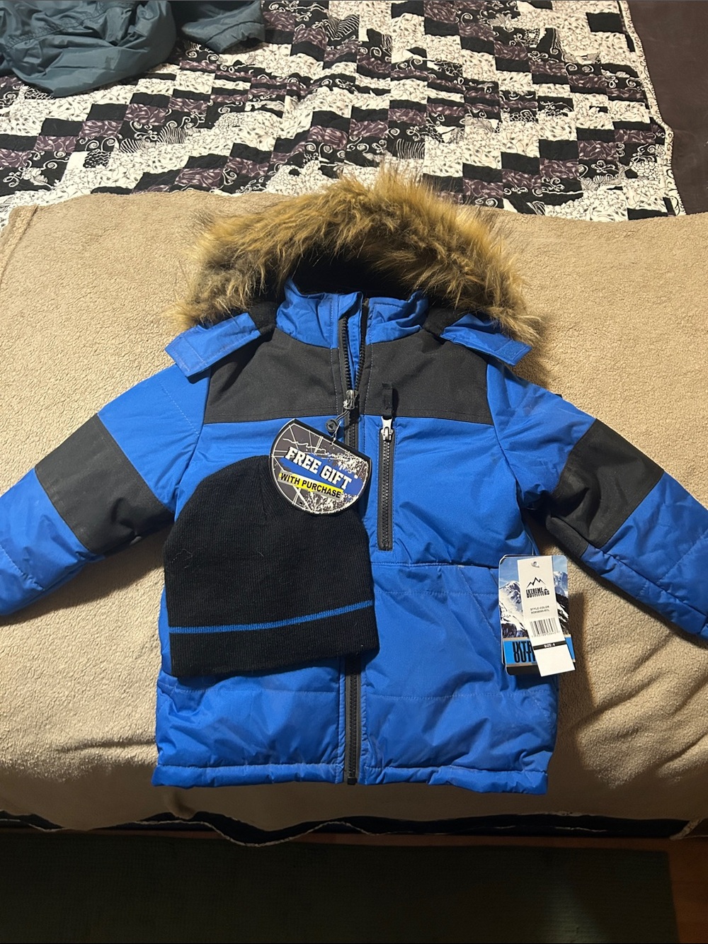 Kids Ixtreme Outfitters Blue and Black Puffer Jacket with Faux-Fur Hood